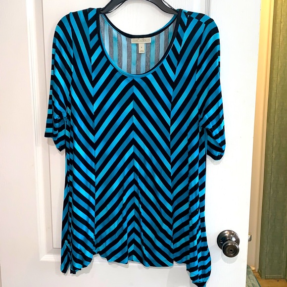 Large Dana Buchman teal and black striped blouse with flared sides. - Picture 1 of 7
